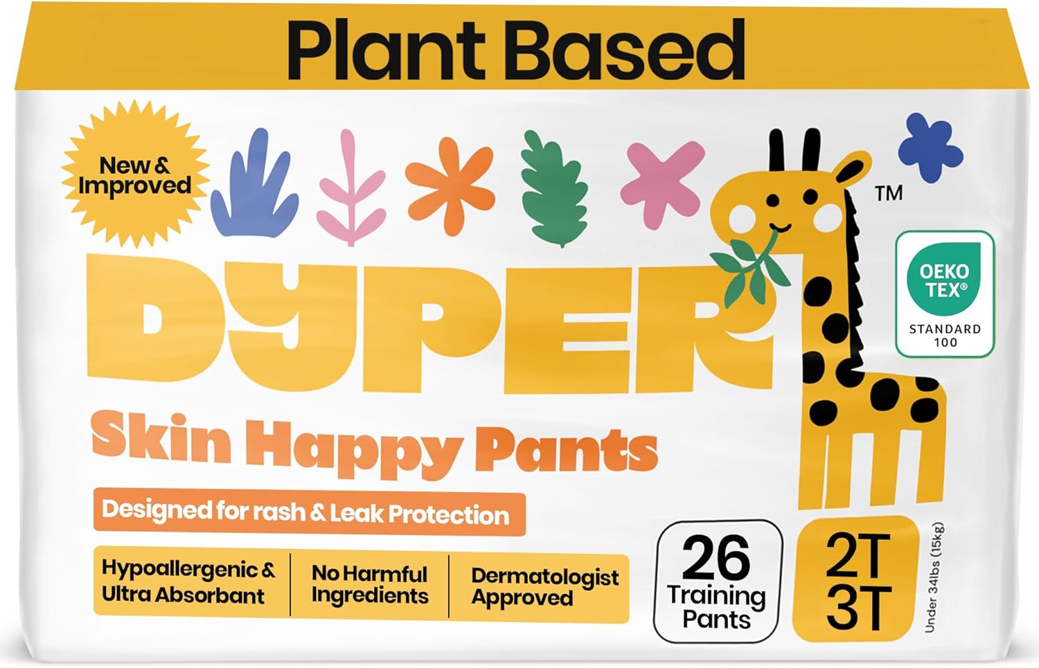 DYPER Toddler Potty Training Pants Girls &amp; Boys, Honest Ingredients, Day &amp; Overnight, Made with Plant-Based* Materials, Hypoallergenic for Sensitive Skin, Unscented (2T-3T (26 Pants))