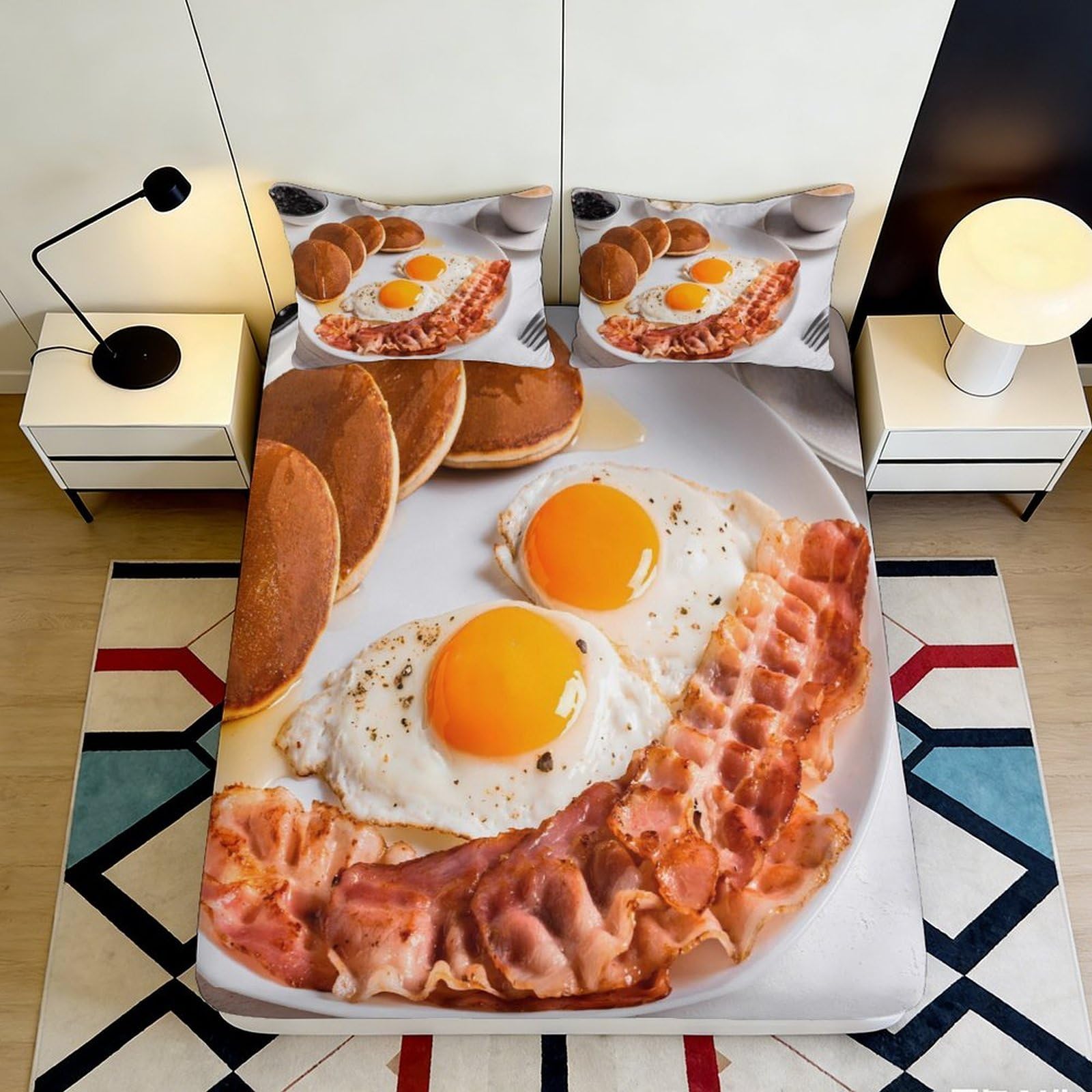 3D Printed Breakfast Food Fitted Sheet Microfiber Soft Pancake Egg Bed Cover for Bedroom Dorm Mattress Protection Decor 90x200x25cm