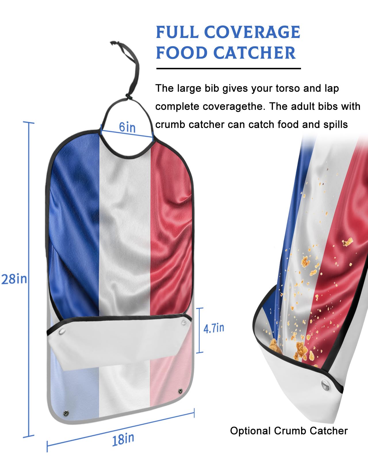 French National Day Adult Bibs for Eating, Waterproof Bibs with Food Catcher & Adjustable Snap Closure, Blue White Red Striped Flag Washable Clothing Protectors Adult Bibs for Elderly Women/Men
