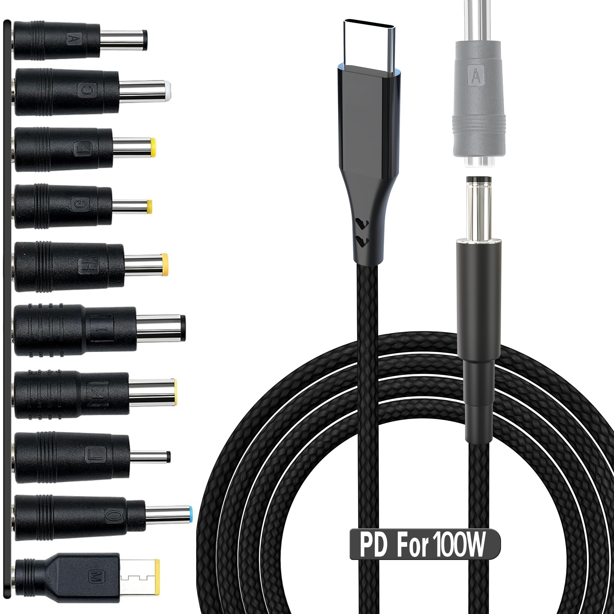 USB C to DC Adapter,Universal Charger Supply 100W PD Power Cable & 5.5x2.1mm Round Barrel Jack,with 10PCS Power Plug Kit,for Toshiba Samsung Acer Asus