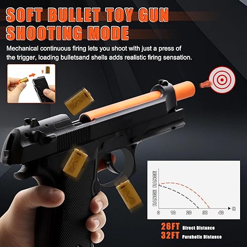 Miniatura 2 de Pistola de juguete automática de expulsión de carcasa Rango de 26 a 32 pies, 2 modos (disparo y Fidget) con 2 cargadores, 18 carcasas, 120 balas de