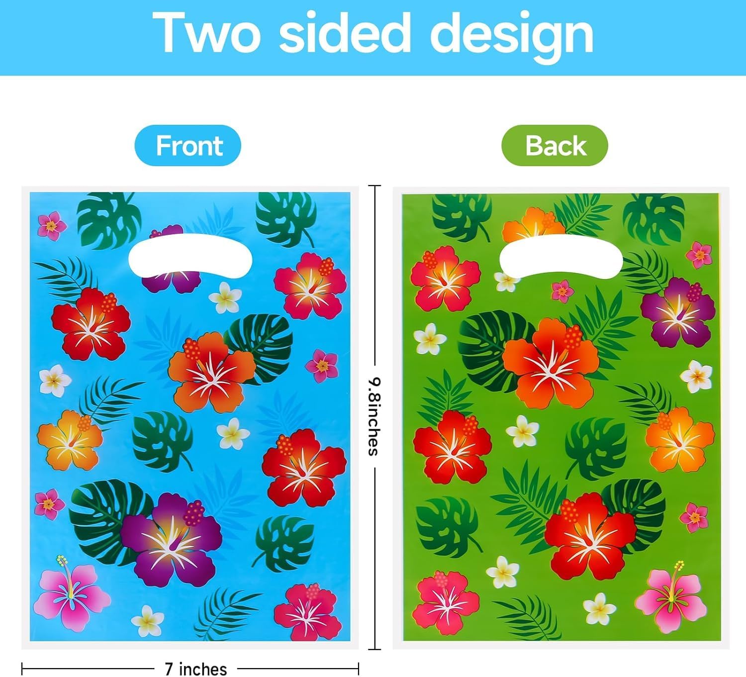40PCS Luau Hawaiian Party Favor Bags, Tropical Hibiscus Floral Design, Blue and Green Summer Goodie Bags - Image 3