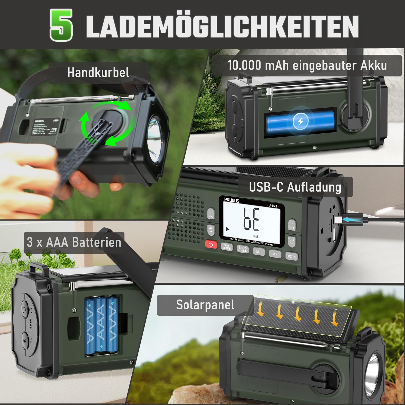 PRUNUS J-924S AM/FM/SW Kurbelradio Notfall Weltempfänger, Notfallradio mit 10000mAh Akku, Solar Radio Survival Ausrüstung mit Taschenlampe/SOS Alarm/Handyladefunktion für Ourdoor, Blackout, Notfall.