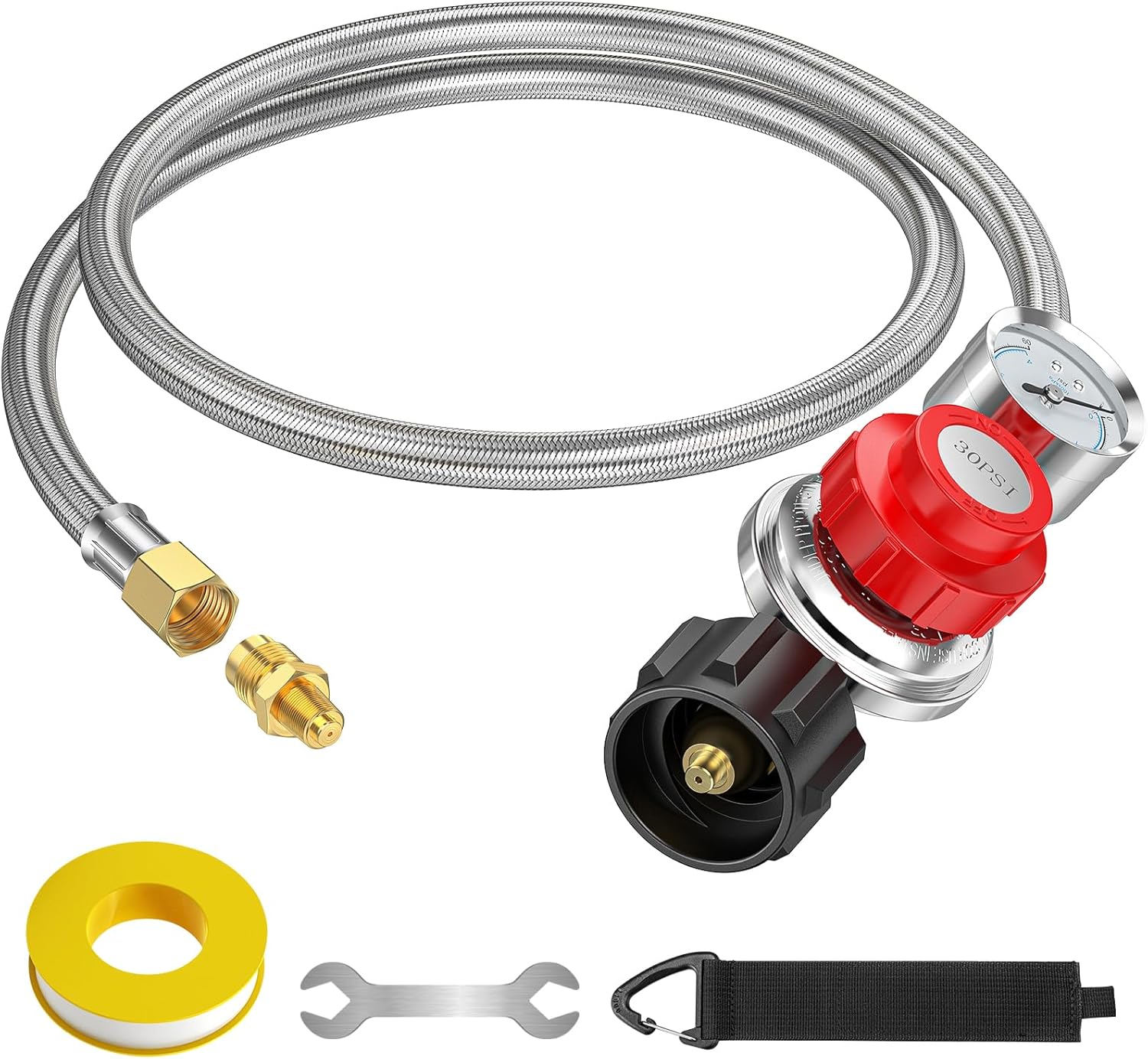 5FT 0-30 PSI Adjustable High Pressure Propane Regulator with Gauge 0~30PSI Gas Flow Indicator Stainless Propane QCC1 Hose with 3/8 Flare x 1/8 MNPT Fits for LP Gas Cooker, Burner, Turkey Fryer, Smoker
