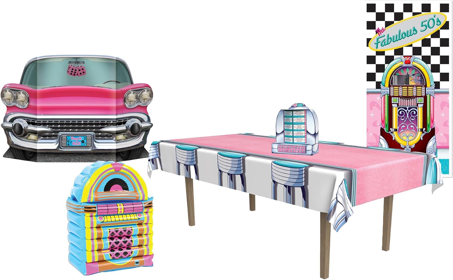 Beistle 1950's Themed Party Decoration Kit - Soda Shop Stools Table Cover, Music Tabletop Decoration, Fabulous 50's Door Cover, Inflatable Jukebox Drink Cooler, Pink Convertible Photo Prop