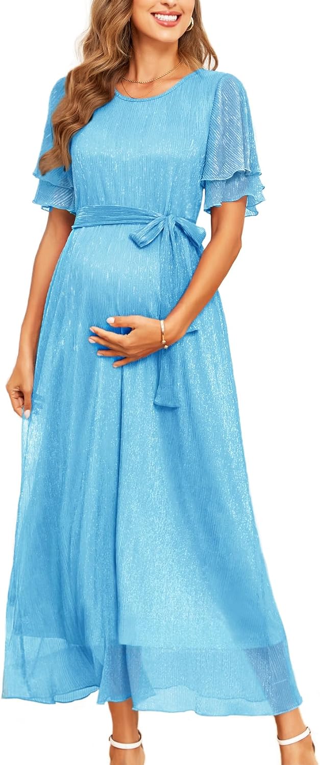 2025 Maternity Sparkly Mesh Maxi Flowy Dress with Belt Ruffle Sleeves Pregnant Long Dress Baby Shower Photoshoot Formal