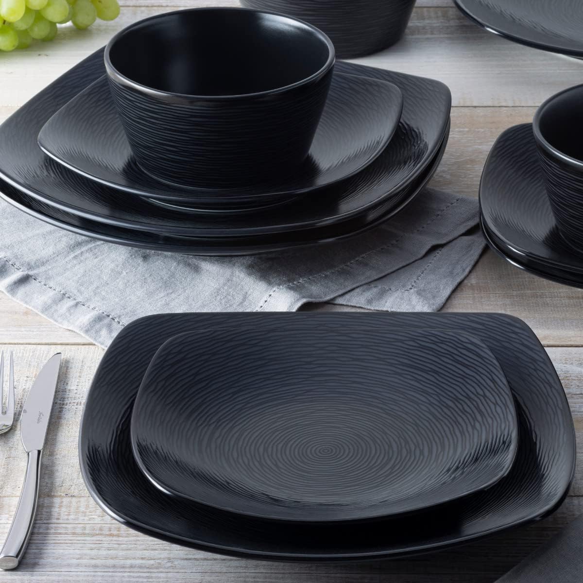Noritake Colorscapes Black-on-Black Swirl 12-Piece Square Dinnerware Set, Service for 4