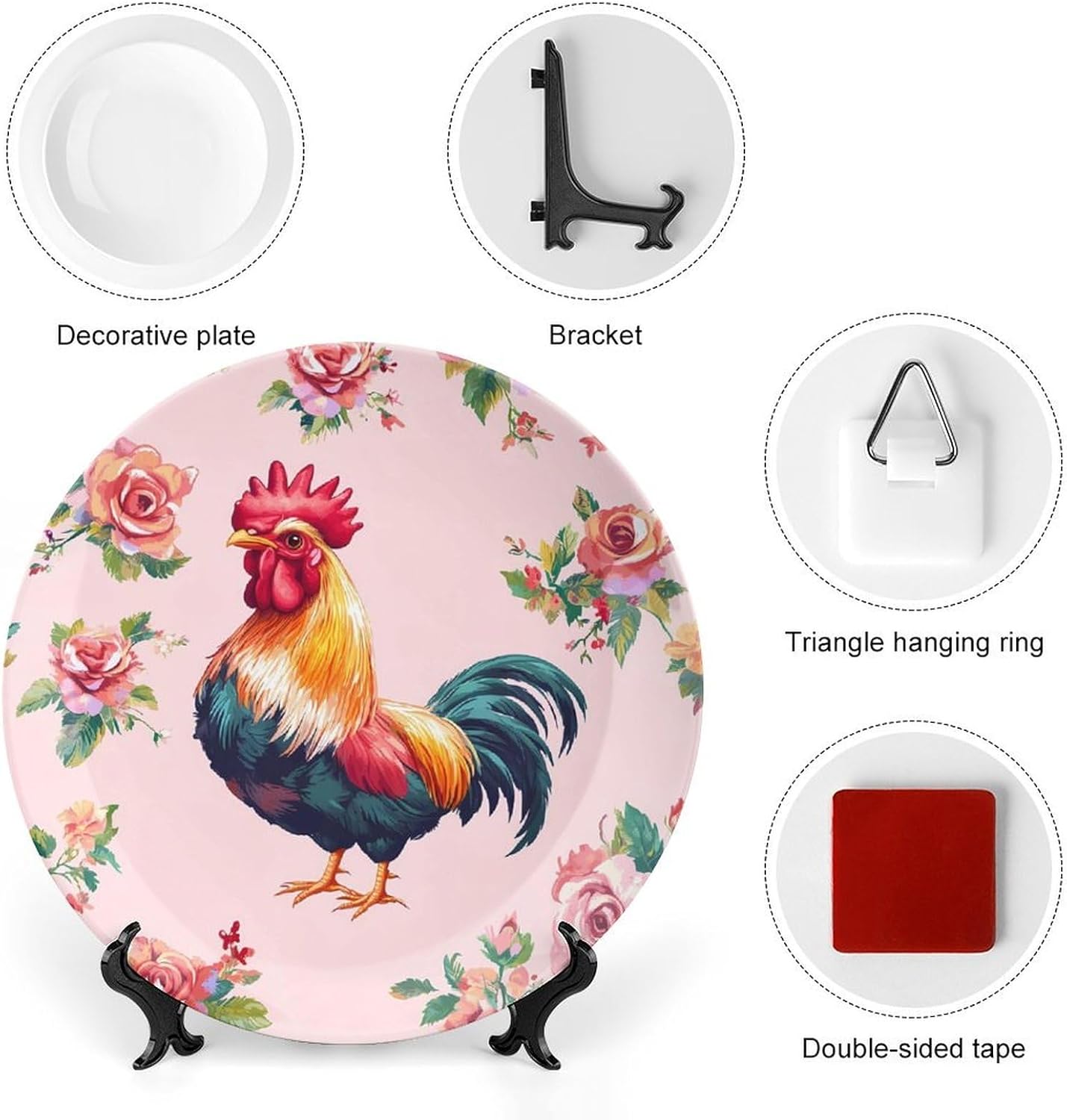 Rooster Chicken Flower Bone China Decorative Plate with Stand Home Dessert Plates Gift for Men Women 6inch