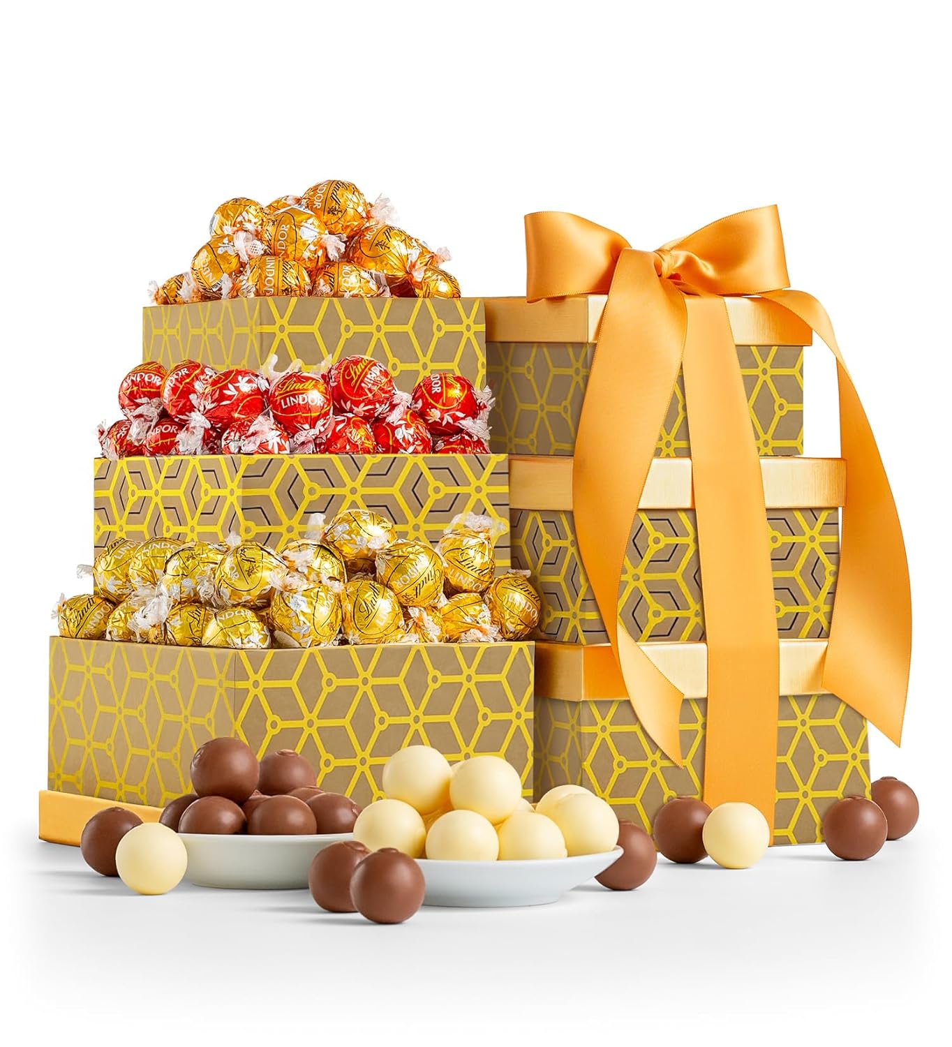LINDOR Chocolate Truffle Gift Tower, Premium Assorted Truffles, Three Tier, Elegant Gold Box with Ribbon