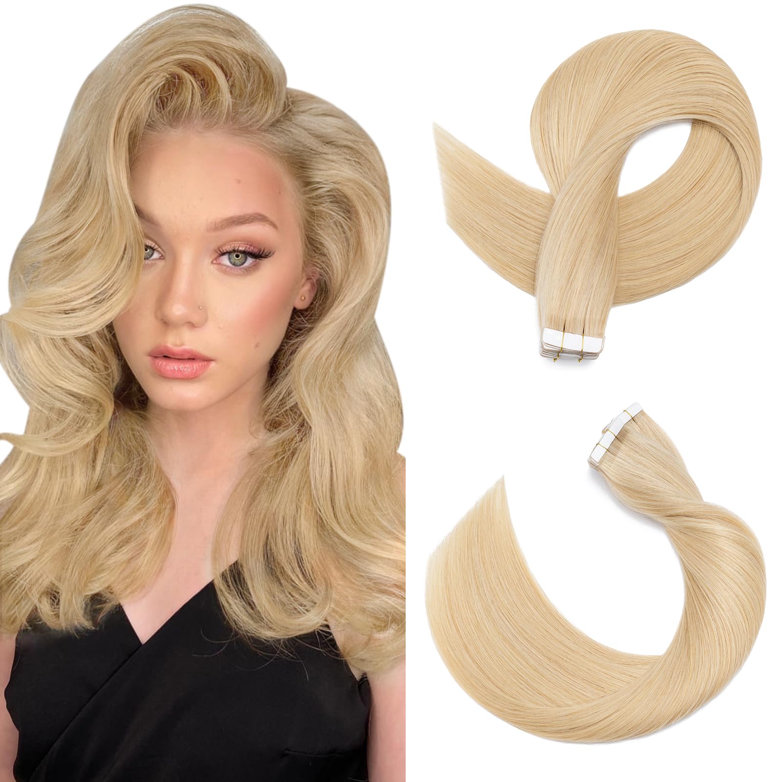SEGOHAIR Tape in Hair Extensions Human Hair, 12" Invisible 10Pcs Real Hair Straight Natural Remy Tape Hair Extensions - Natural Blonde