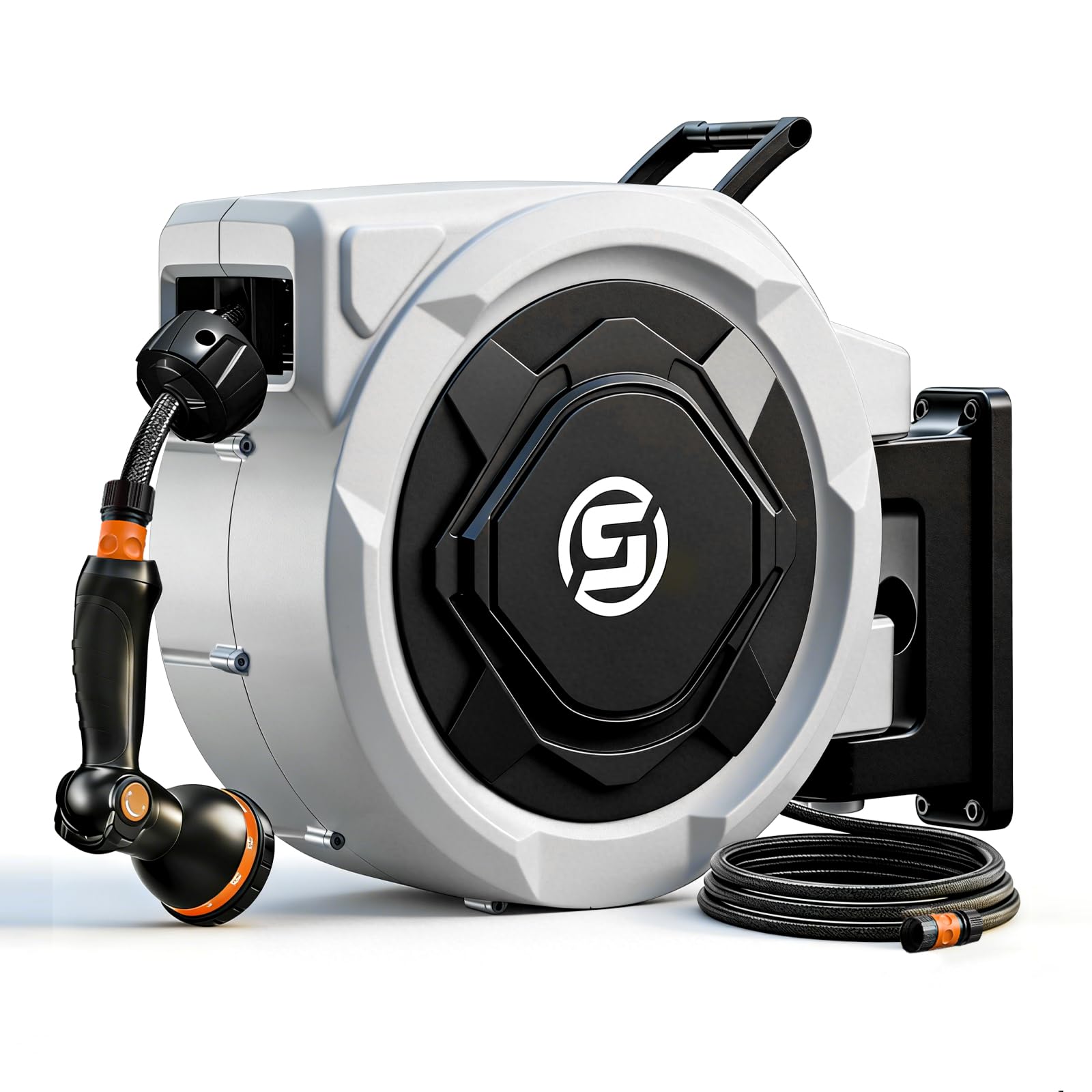 SUNPOW Retractable Hose Pipe- 16mm Diameter x30m Heavy Duty Wall-Mounted Hose Pipe with 10-Function Nozzle - Auto Rewind, Any Length Lock, 180° Swivel Bracket- Strong Water Flow, No Tangle