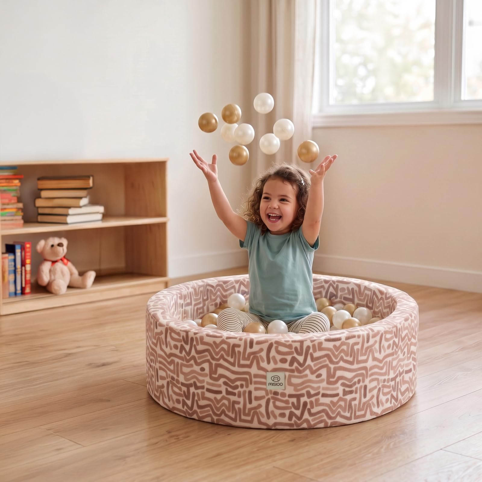 MISIOO Bällebad für Kinder mit Geometrischem Muster - Ohne Bälle - Weicher Bällebad aus Schaumstoff - Sensorisches Spielzeug für Kleinkinder - Grün