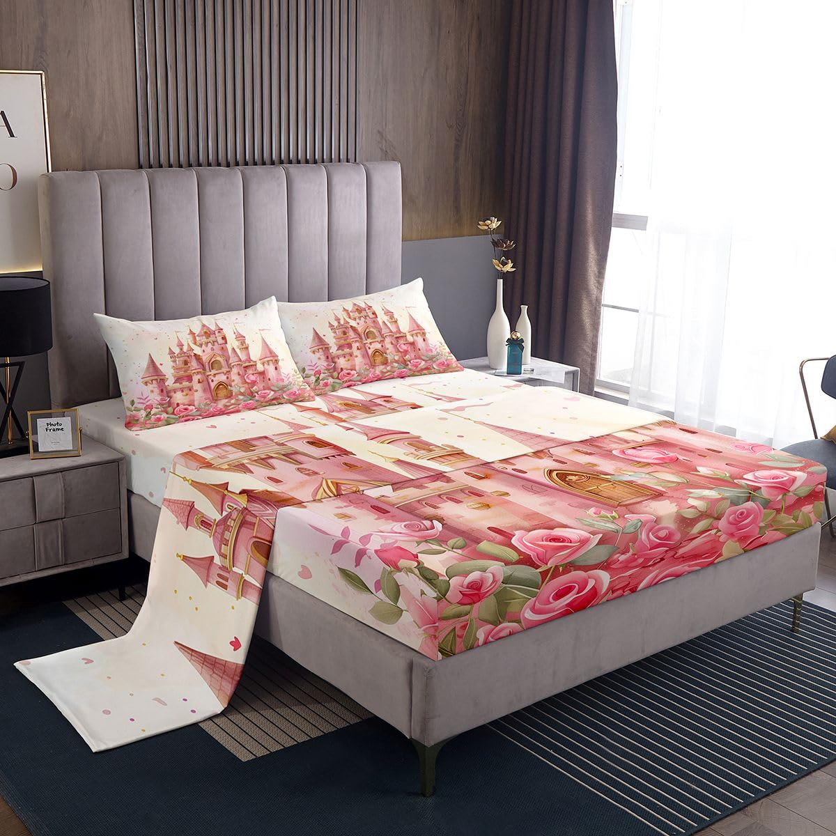 jejeloiu Princess Bed Sheets Set Full Size Cute Deep Pocket Fitted Sheet Pink Castle Bedding Sets Kawaii Soft Bed Set 4Pcs with 2 Pillow Cases Beige Pink