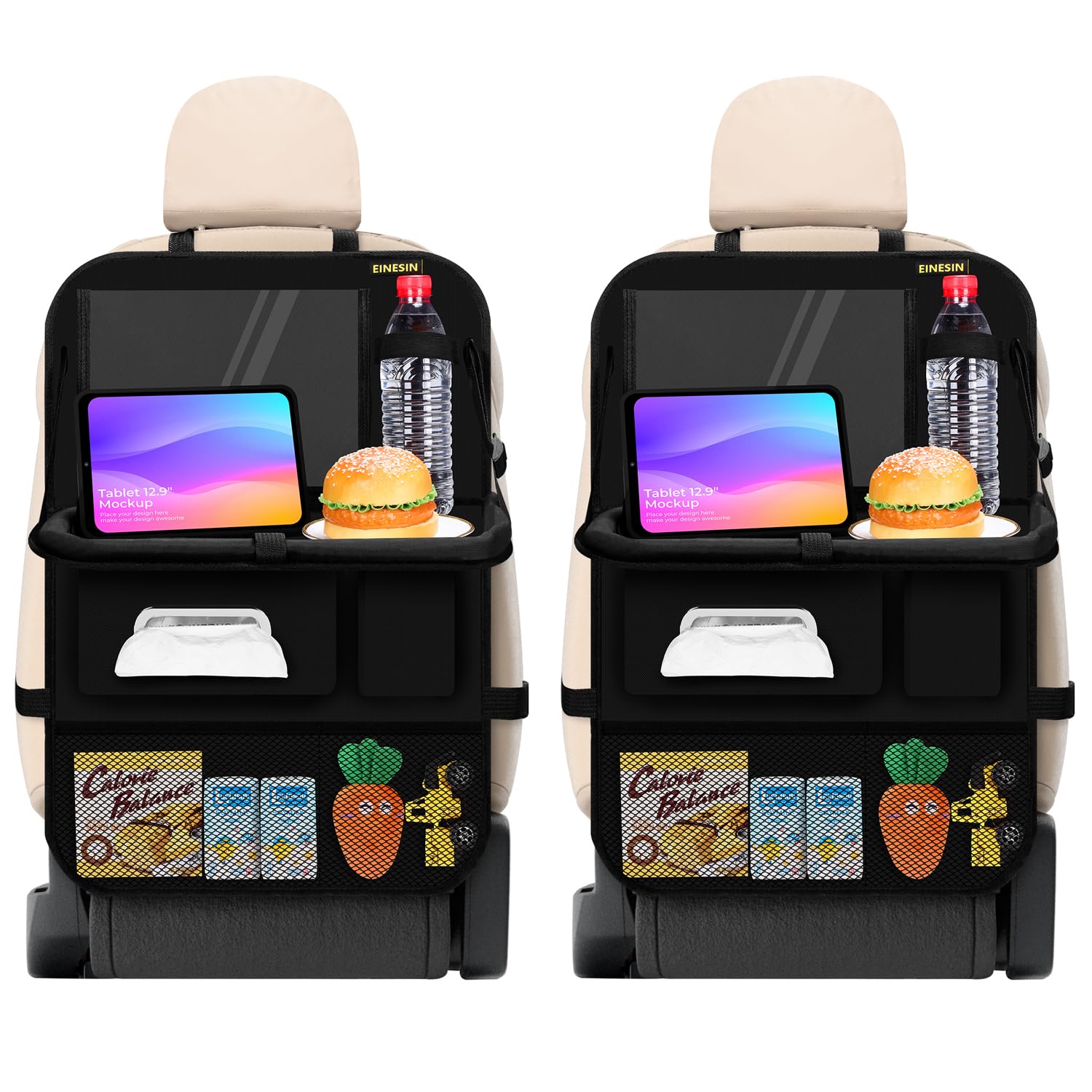 Einesin Auto Rückenlehnenschutz und Organizer, Auto Organizer, Autositz Organizer mit Faltbarer Tischablage, Tablet Tasche und Viele Taschen(2 Stück, Schwarz) (2)