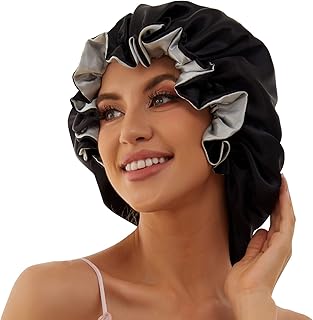 بونيه من ايباو، باللون الأسود، مصنوع من الحرير للنساء، بتصميم ساتان مزدوج الطبقة للعناية بالشعر أثناء النوم
