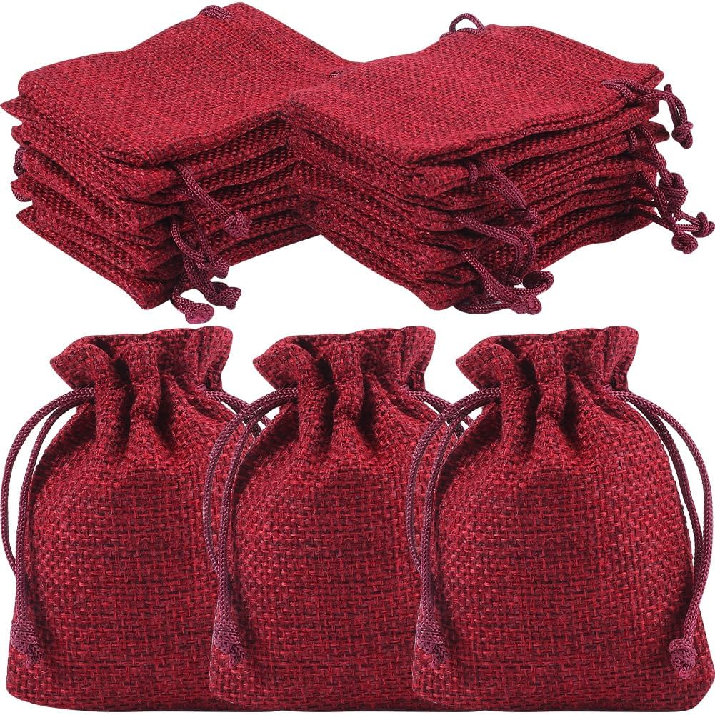 Beebeecraft 24Pcs 3.5x2.8Inch Burlap Gifts Bags Reusable Drawstring Burlap Bags Dark Red Packing Pouches Bags for Gifts Jewelry on Thanksgiving Christmas Wedding