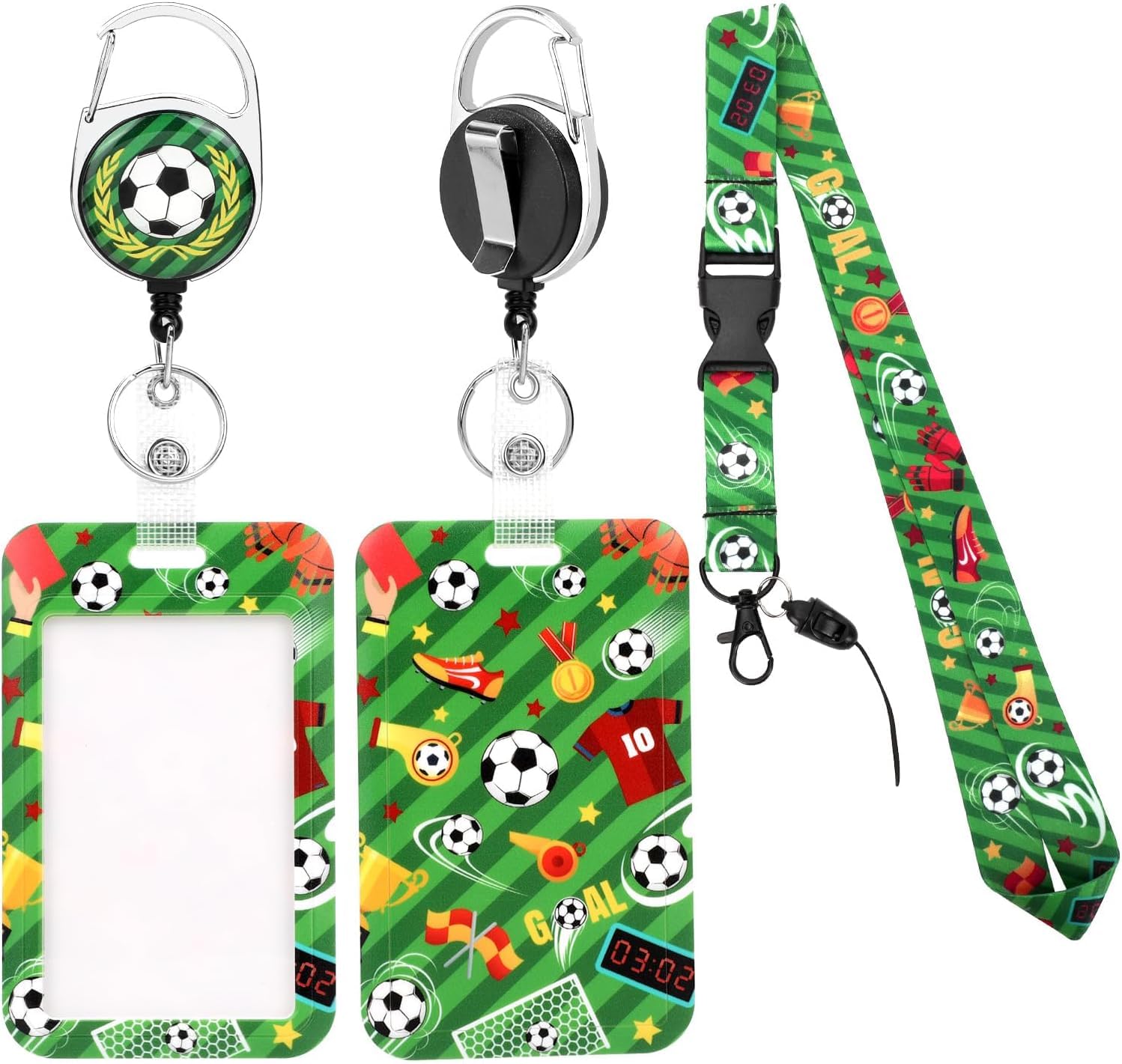 Lanyard for Id Card Badge Case Protector, Green Soccer Ball Plastic Card Holder，with Retractable Keychain, Detachable Lanyard, Suitable for Nurses, Teachers, Office Workers Occasions