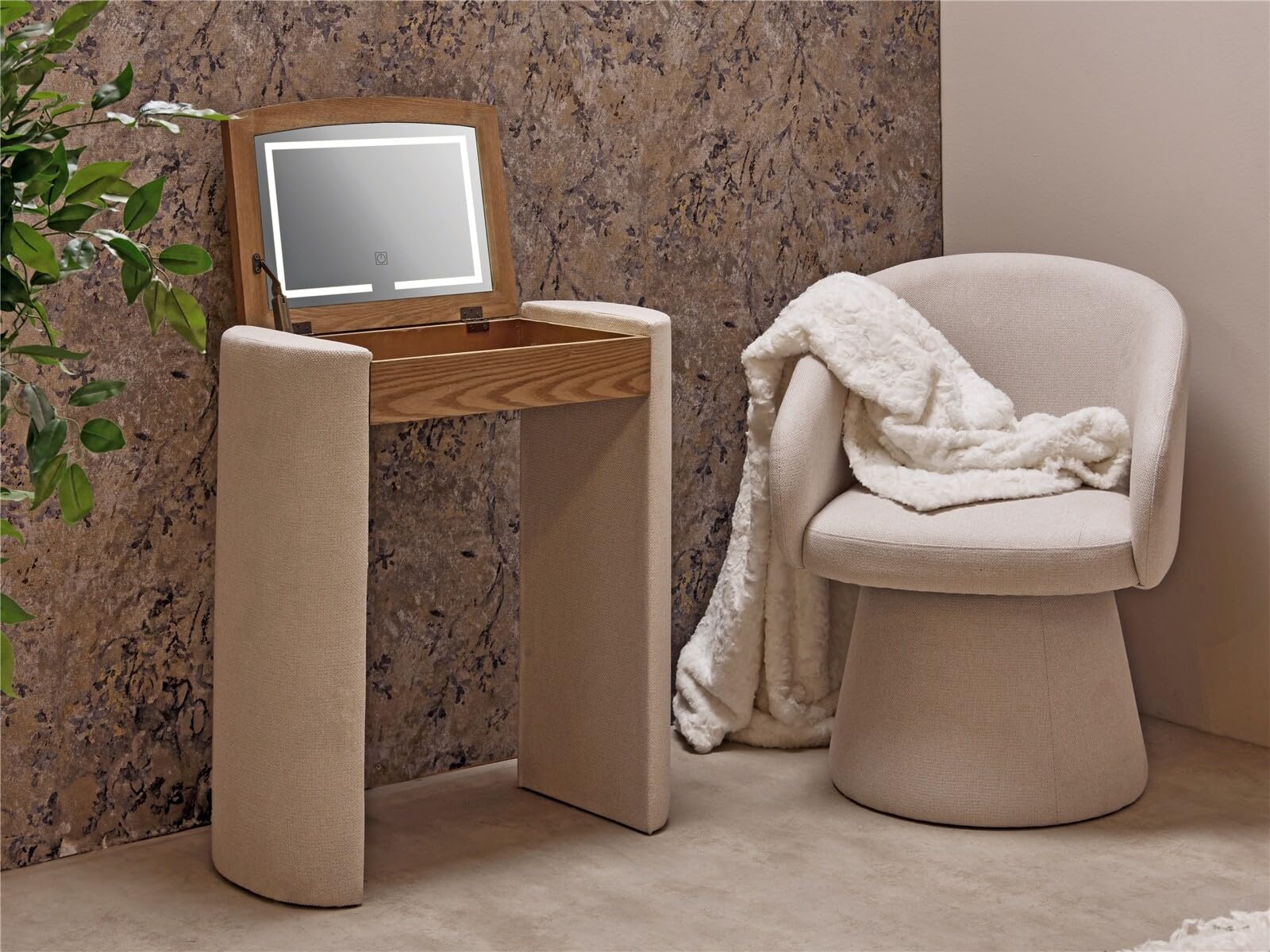 Tocador con espejo LED T.tex beige, medidas 68x36x76 cm