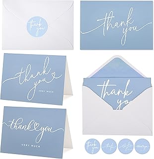 100 Bulk Light blue Thank You Cards with white Envelopes and stickers - 4 Minimalistic Designs Blank Thank You Notes with Envelopes for business Wedding Bridal Gift Baby Shower Business Graduation