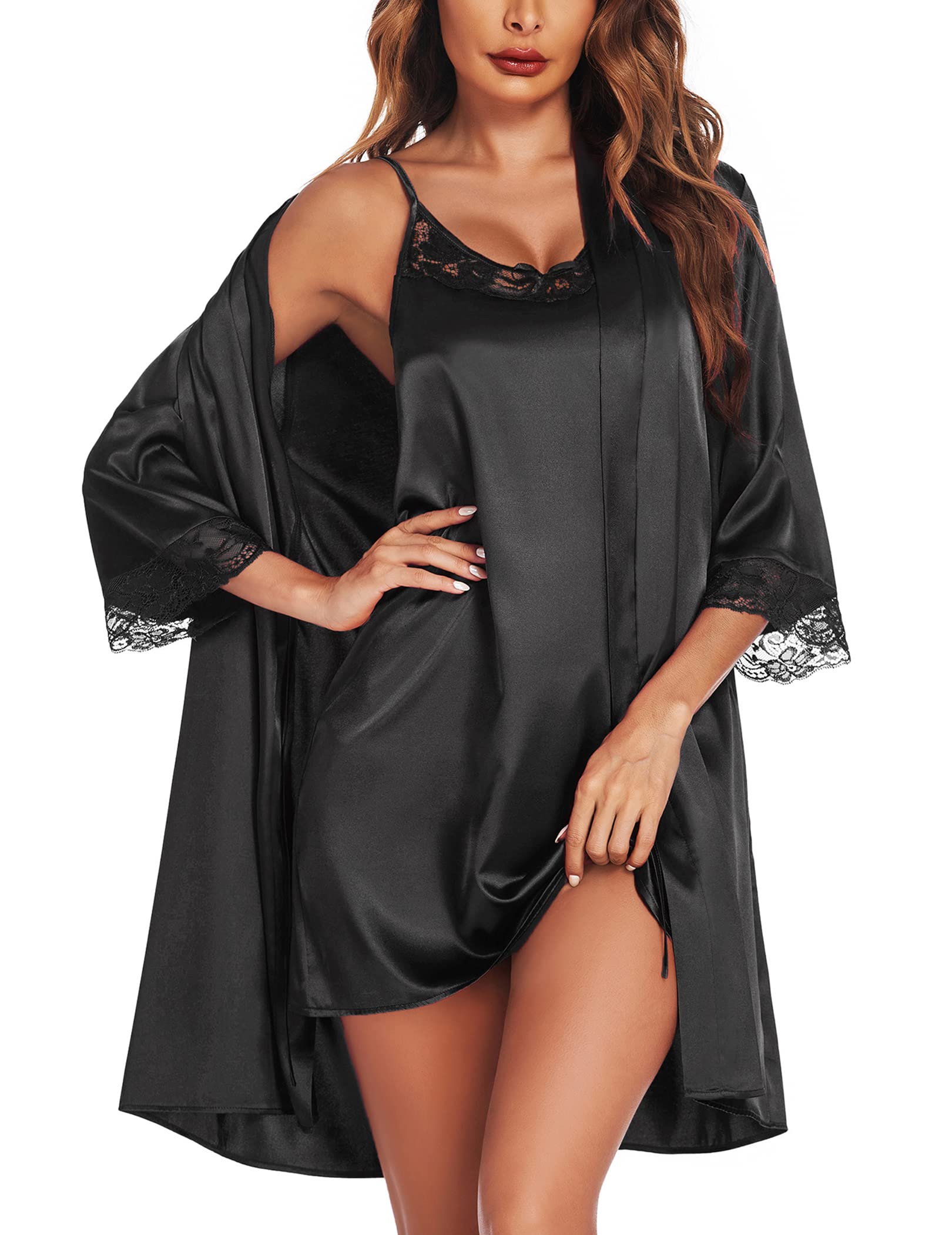 Ekouaer Camisones de Mujer Sexy Kimono Albornoz Seda Camisón Corto Verano Batas de Pijamas, S-XXL