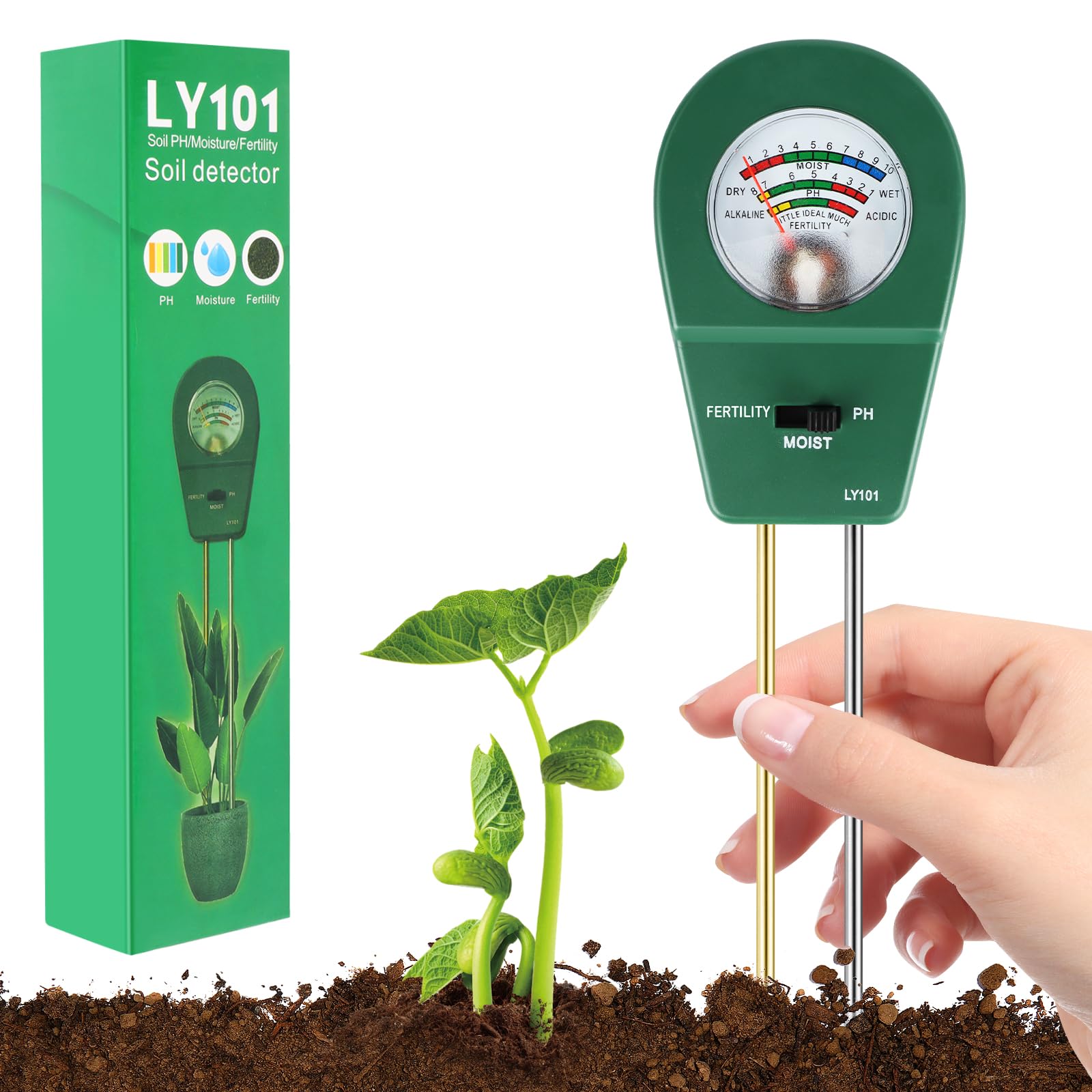 Bodentester 3 in 1,Feuchtigkeitsmessgerät Pflanzen Bodenfeuchtemesser | Boden PH-Messer Bodenmessgerät für Fruchtbarkeit Feuchtigkeit pH Bodentest, für Garten Rasen, Gartenarbeit Bauernhof