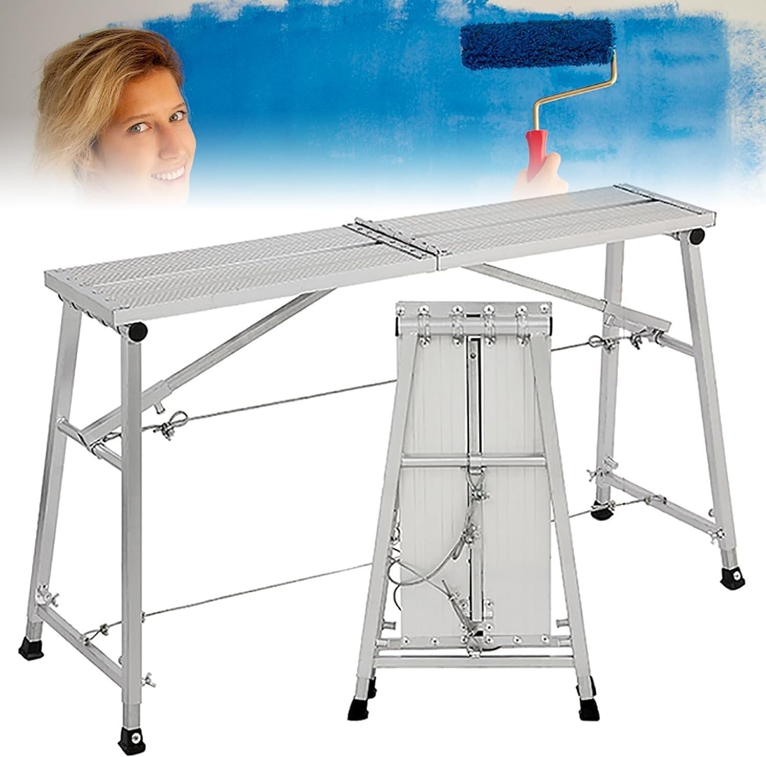 Portable Aluminum Alloy Work Platform Stepladder Height Adjustable 70-119cm Folding Scaffold Tower Ideal for Ceiling Decoration & Cleaning Tasks