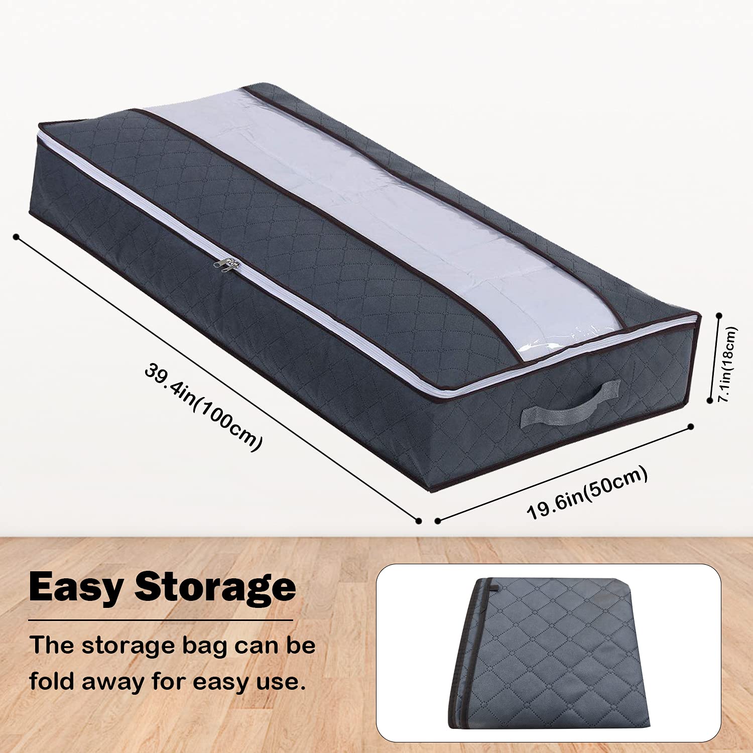 Set Di 3 Borse Portaoggetti Pieghevoli Sotto Letto Con Cerniere – 97x49x17 Cm, 80L – Per Piumini, Coperte, Lenzuola, Vestiti – Grigio - 2