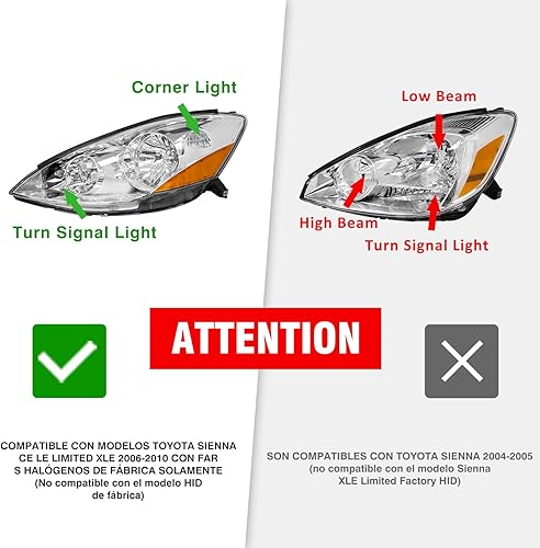 Miniatura 2 de Conjunto de faros para 2006 2007 2008 2009 2010 Toyota Sienna, carcasa cromada con reflector ámbar izquierdo y derecho (No compatible con opción HID