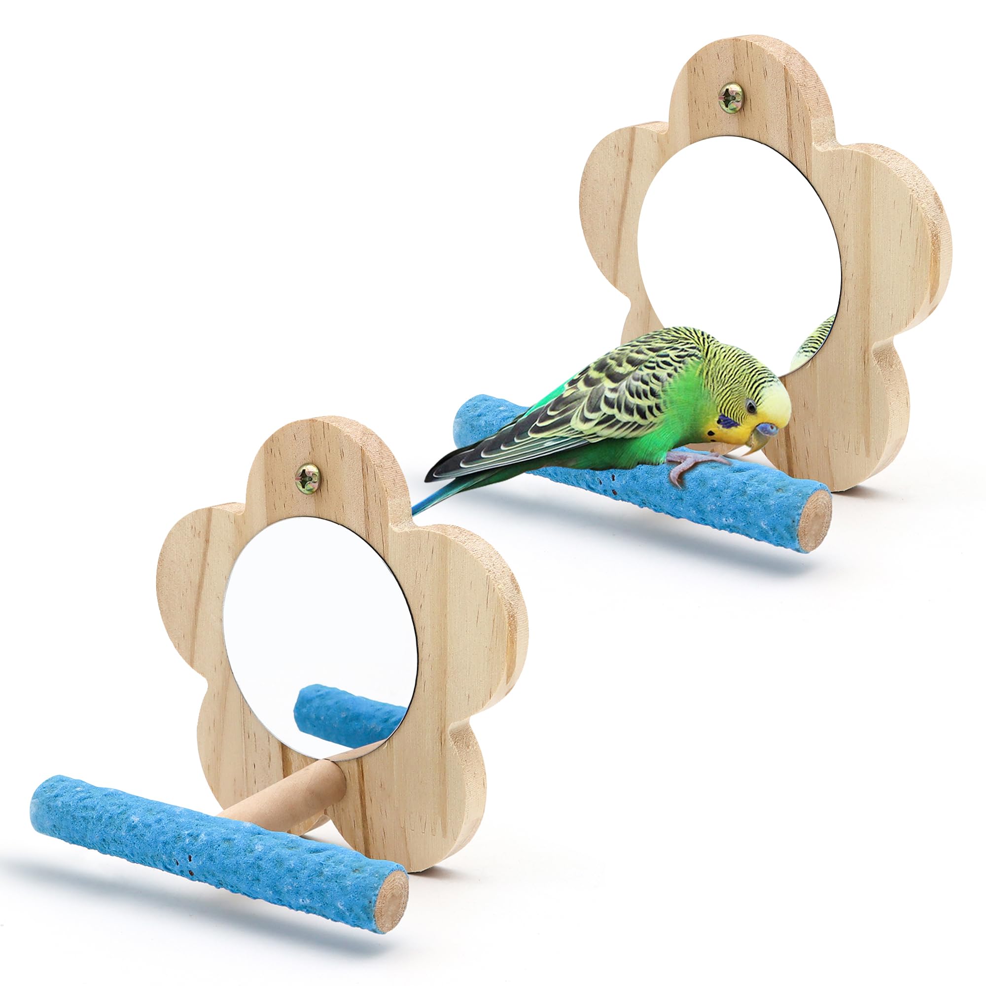 2Pcs Small Bird Mirror Parrot Swing,Wooden Parakeet Perches Flower Interactive Play Toys for Small Budgies Macaw African Grey Parakeets Lovebird Cockatiel Cage Accessories (S,Wood-2p)
