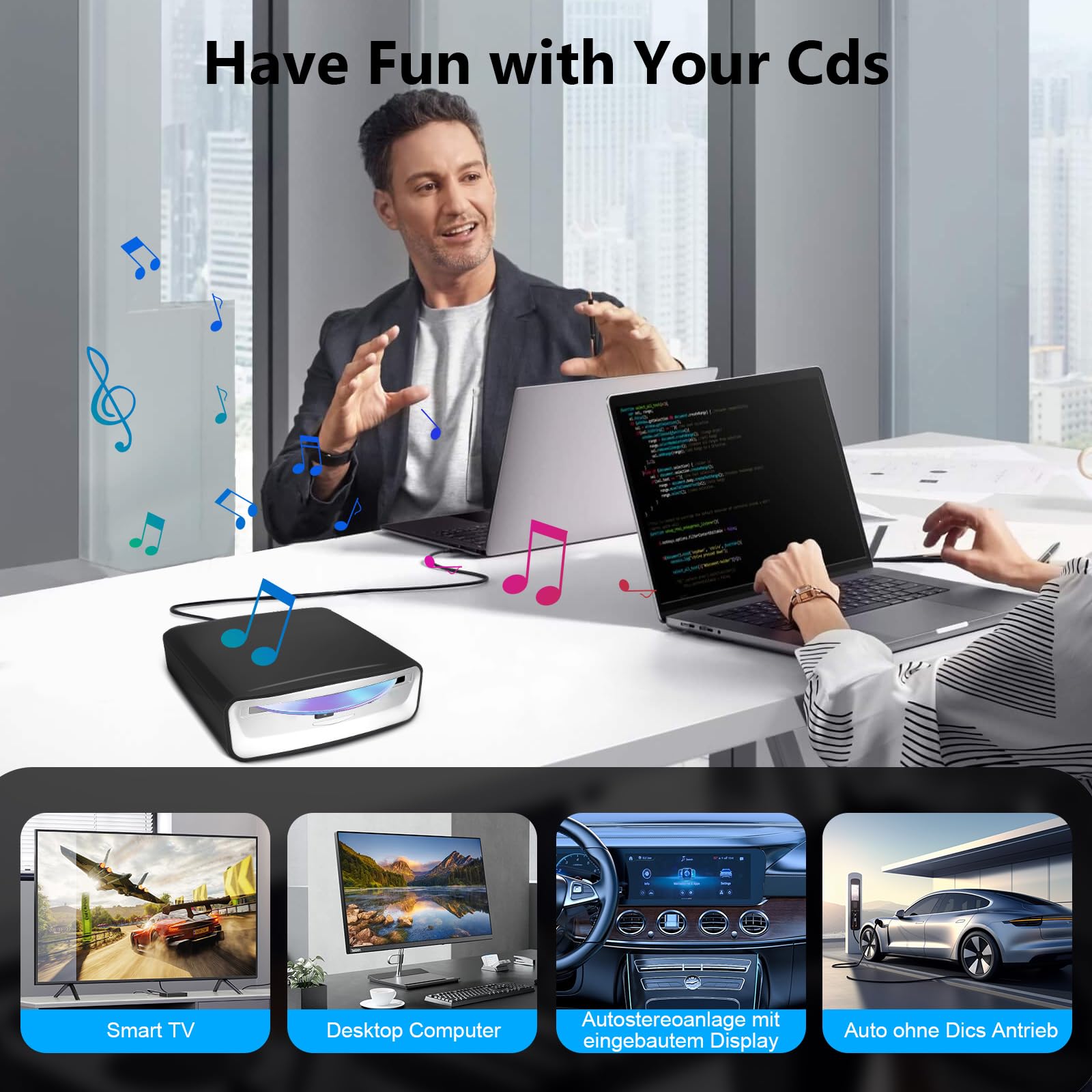 CD/DVD Player Auto Extern, Tragbarer CD Player Auto & Auto Radio CD/DVD Player mit USB A Anschluss, für Android Autoradio, Laptop & Fernseher, Plug & Play Unterstützung