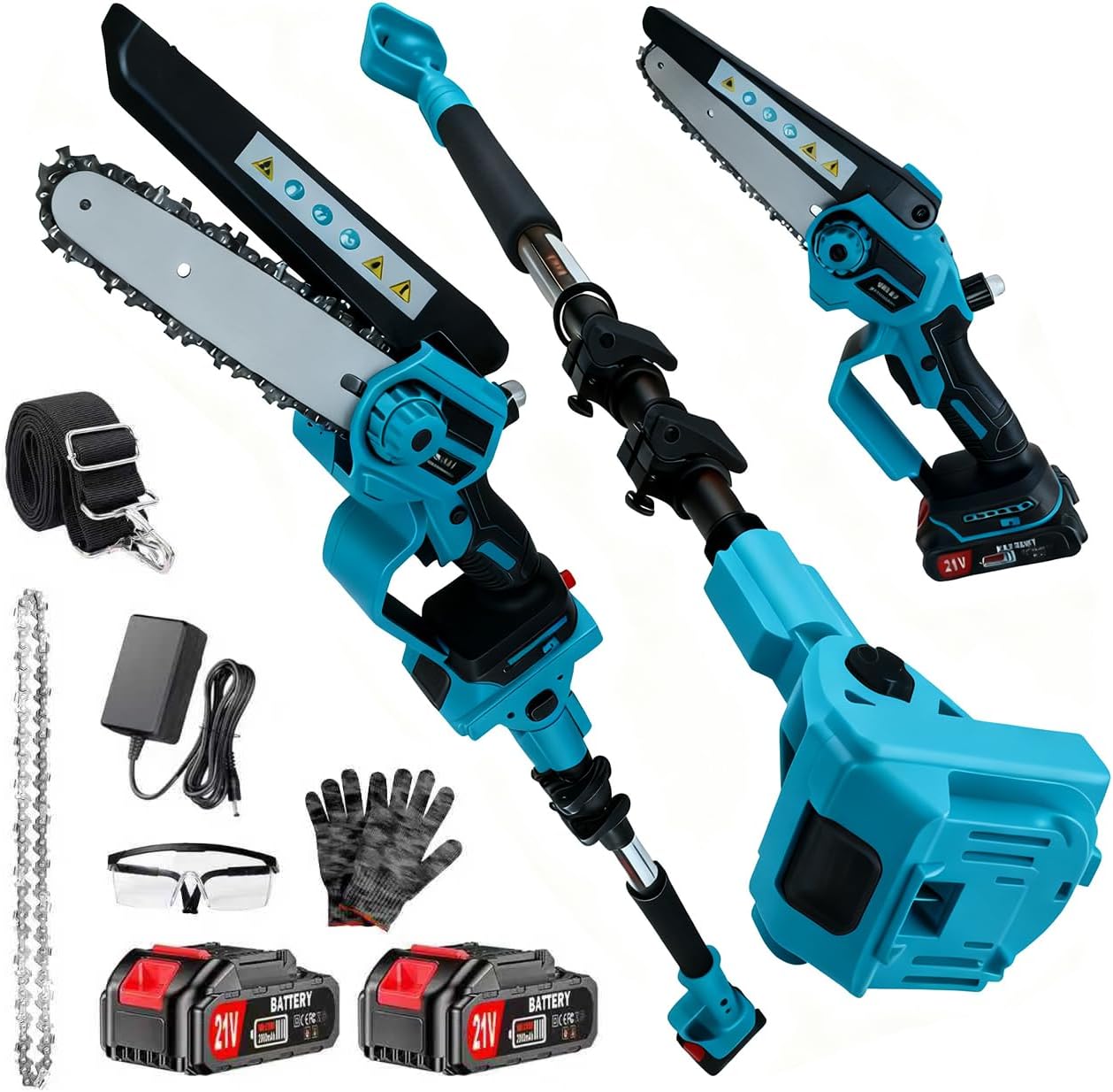 2-in-1 Electric Pole Saw 21V Cordless Pole Saw & 6 Inch Brushless Mini Chainsaw with 2x 4.0Ah Battery&Shoulder Strap 16 FT Max Reach Extension Pole Auto Oiling for Tree Branches Wood Cutting