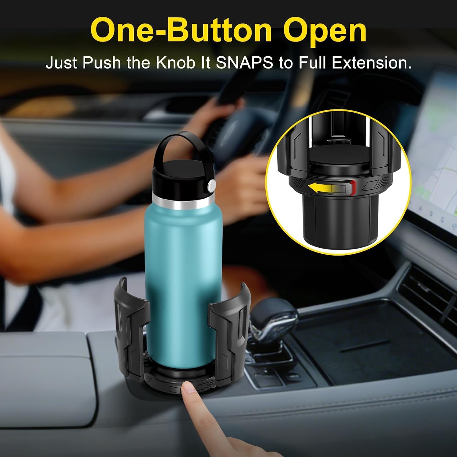 Cup Holder Expander (Adjustable Holder & Base, Auto-Fit Hold, One Button Open), Car Cup Holder Expander for Yeti, Hydro Flask, Nalgene, Owala, Bottles in 2.6"- 4.8" (Black, 2 Pack)