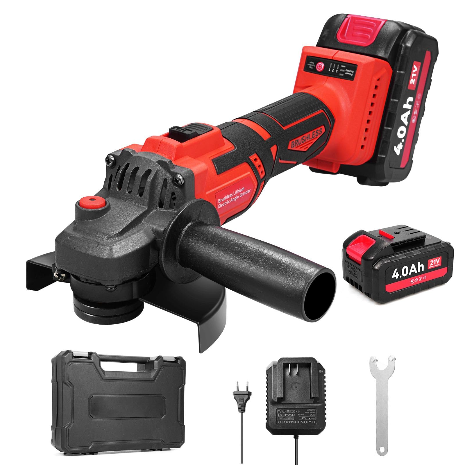 Weytoll Smerigliatrice angolare 125 mm, smerigliatrice angolare a batteria da 21 V con 2 batterie da 4000mAh e caricabatterie rapido, motore brushless per smerigliatura, taglio, lucidatura
