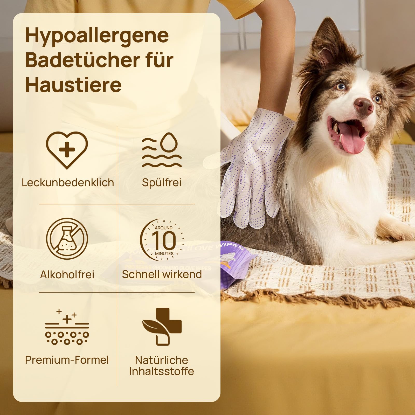 HICC PET Fellpflegetücher, PRO 4-in-1 für Welpen, Hunde & Katzen, Kokosduft 20 Stück | Reinigungshandschuhe ohne Wasser mit doppelseitiger Textur, ideal für Zuhause & unterwegs