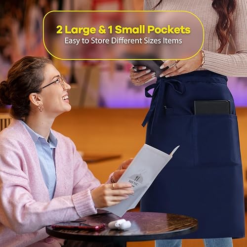 Miniatura 10 de ROTANET Delantal largo negro con 3 bolsillos, delantales de medio delantal para hombres y mujeres, camarera chef, 28 pulgadas, impermeable