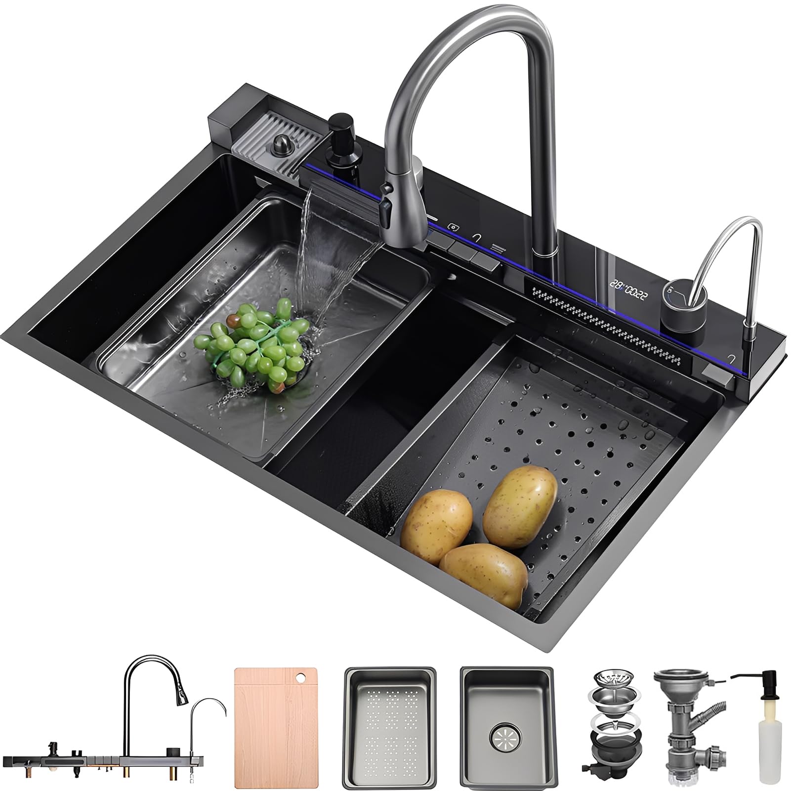 Lavello da cucina a cascata 90 x 50 cm, 1 bacino in acciaio inox nero antracite, rubinetto integrato, schermo digitale, cestello di scarico, lavello interno di ricambio, sifone, accessorio di scarico