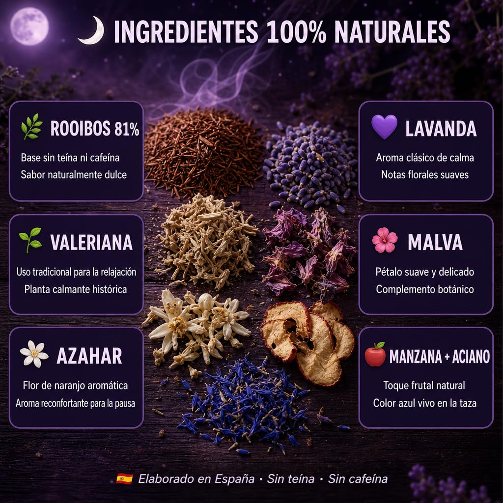Duerme bien. Infusiones Relajantes para la Ansiedad y para Dormir Profundo toda la Noche. Rooibos de Valeriana, Lavanda, Malva, Azahar y Manzana. Sueño Profundo con esta Infusión Relajante para Dormir