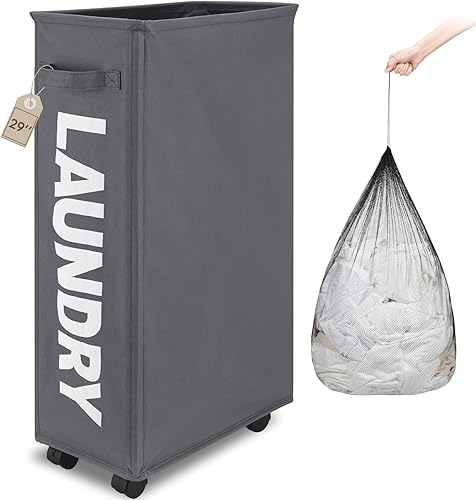 29" Large Slim Rolling Laundry Basket on Wheels with Removable Bag, Foldable Laundry Hamper with Handle, Collapsible Laundry Sorter and Organizer, Tall Storage Basket Bin (Grey) - 1