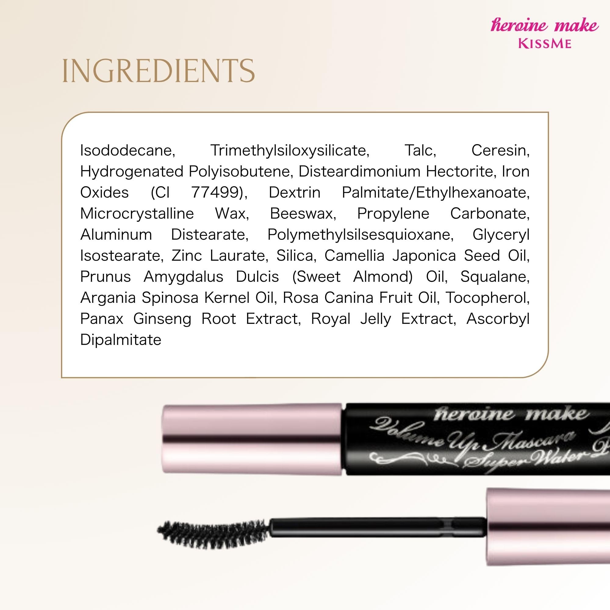 Heroine Make by KissMe Volume & Curl Mascara negra | Máscara impermeable, voluminizadora y alargadora para pestañas gruesas y definidas | Fórmula a prueba de manchas y rizos | Fabricado en Japón