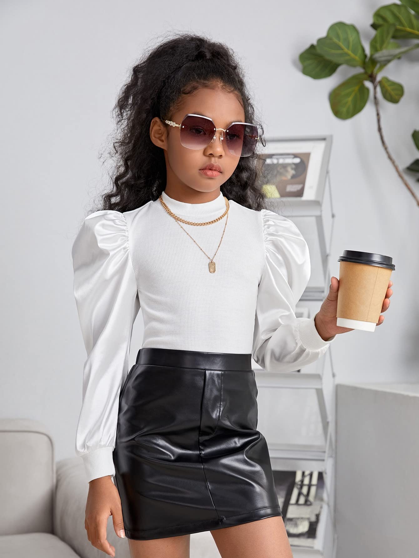 Floerns Lässige Bluse für Mädchen, Puffärmel, Rundhalsausschnitt, Rippstrickbluse, T-Shirt