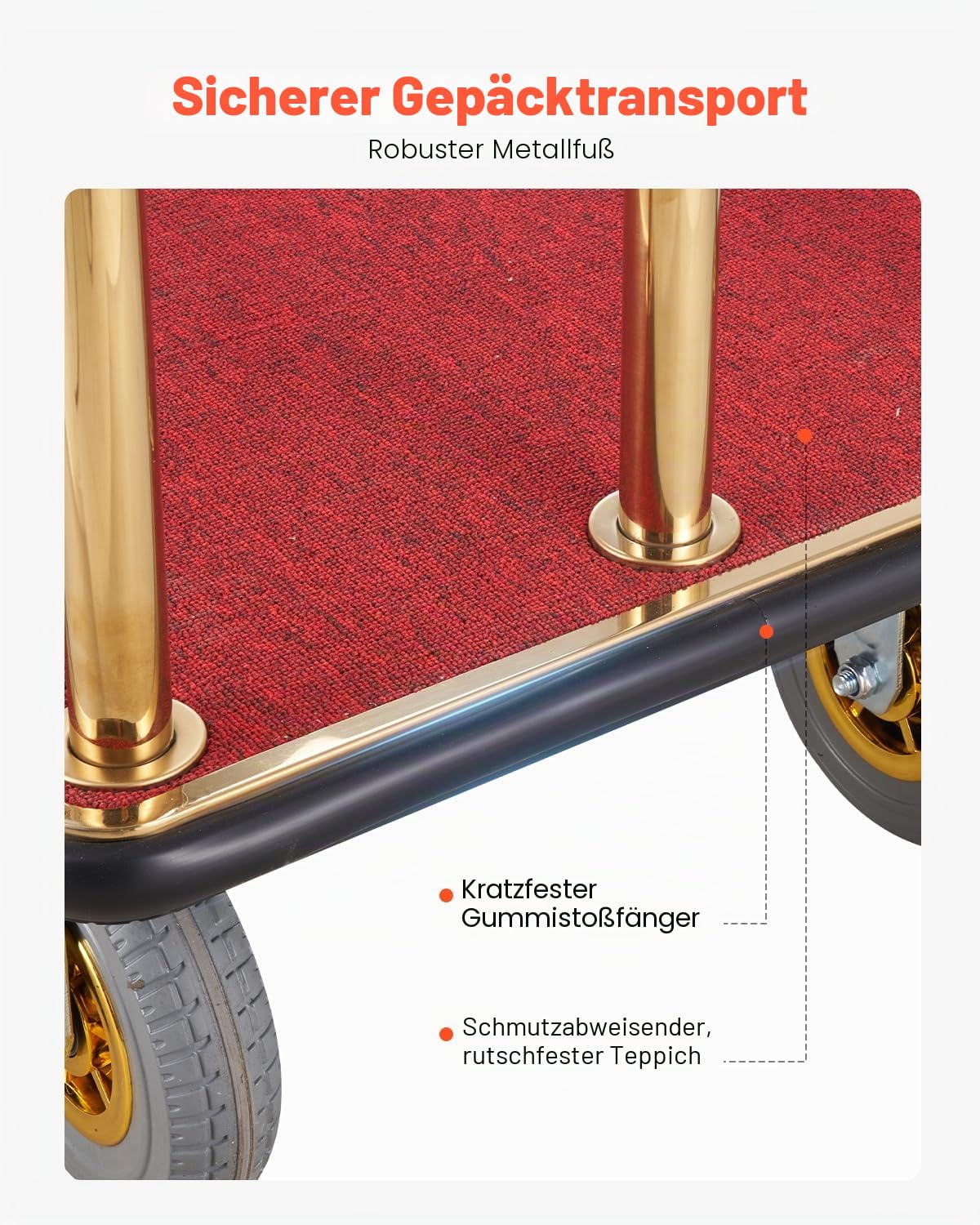 VEVOR Hotelgepäckwagen, 680 kg Tragkraft, Pagenwagen mit gebogenen Pfosten, Hotelwagen, Kofferwagen mit rotem Teppichboden und 20 cm großen Gummirädern, ideal für Hotels, Eigentumswohnungen, Resorts