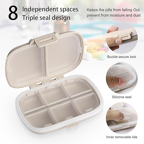 Miniatura 10 de Ouzorp Paquete de 2 pastilleros de viaje de 8 compartimentos, pastillero portátil impermeable, estuche para medicamentos, pastillero pequeño para