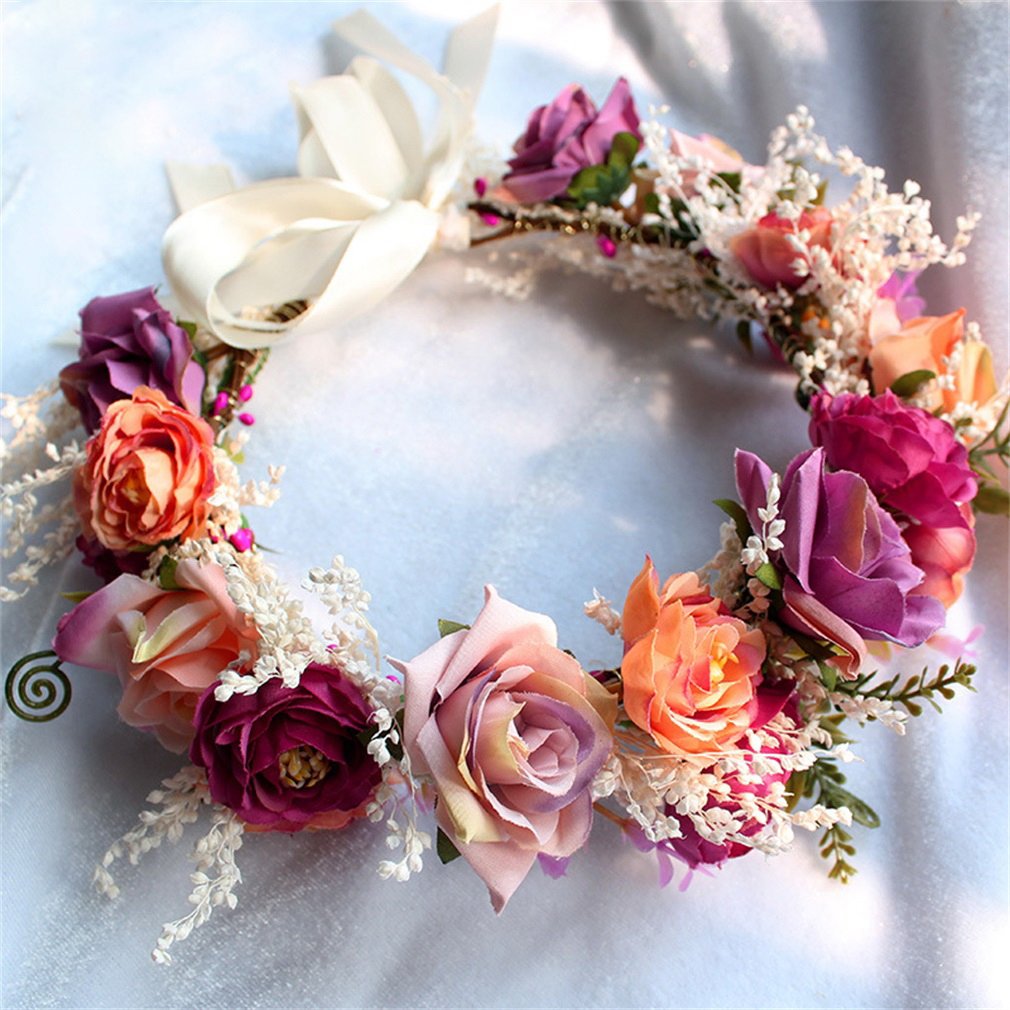 YAZILIND Hochzeit Blumenkranz Krone für Brautjungfer, Rose Blumenkopf tragen mit Band, Photo Requisiten.