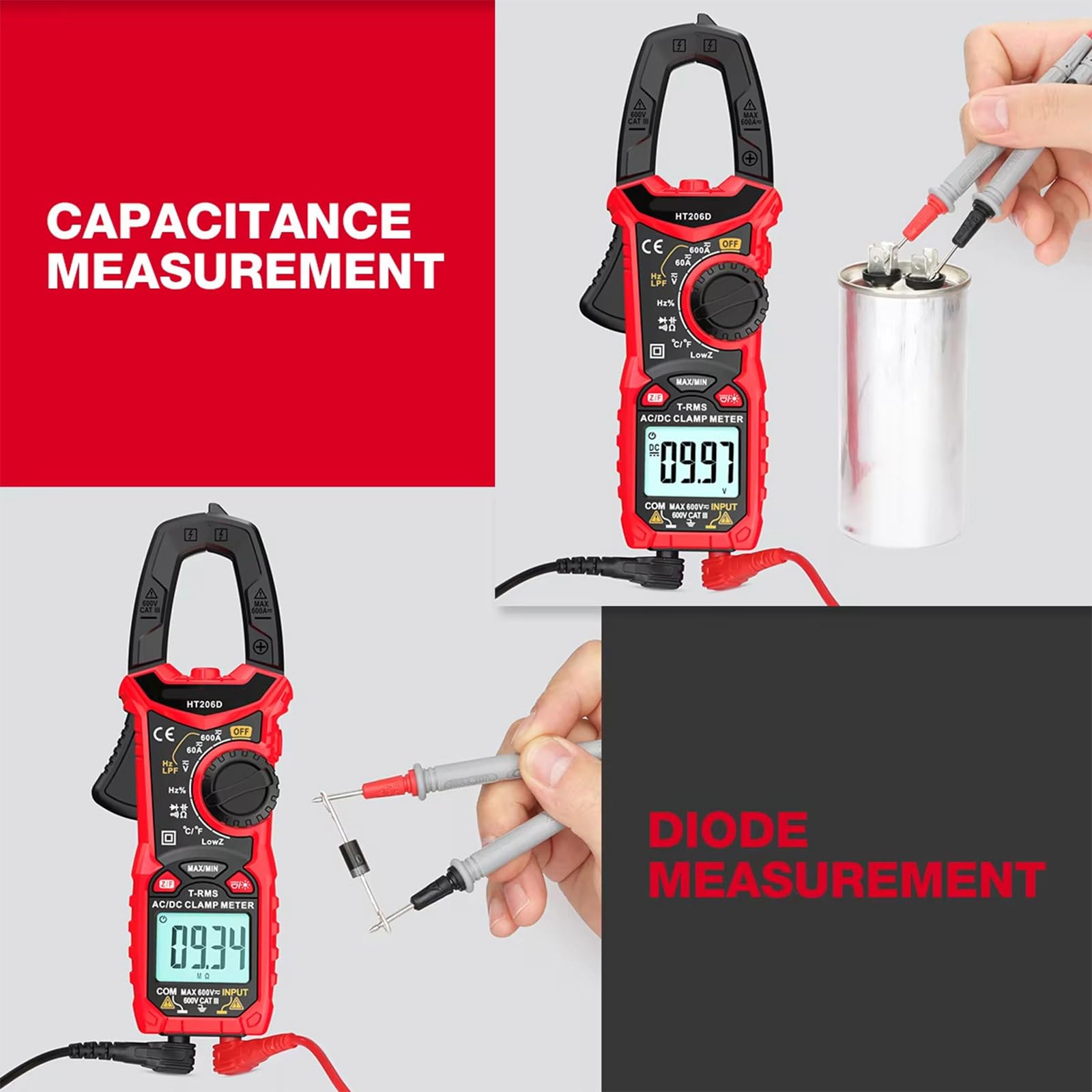 Multimetro a pinza a pinza precisione HT206D per resistenza, tensione corrente e altro con pinza amperometrica portatile con display LCD trasparente