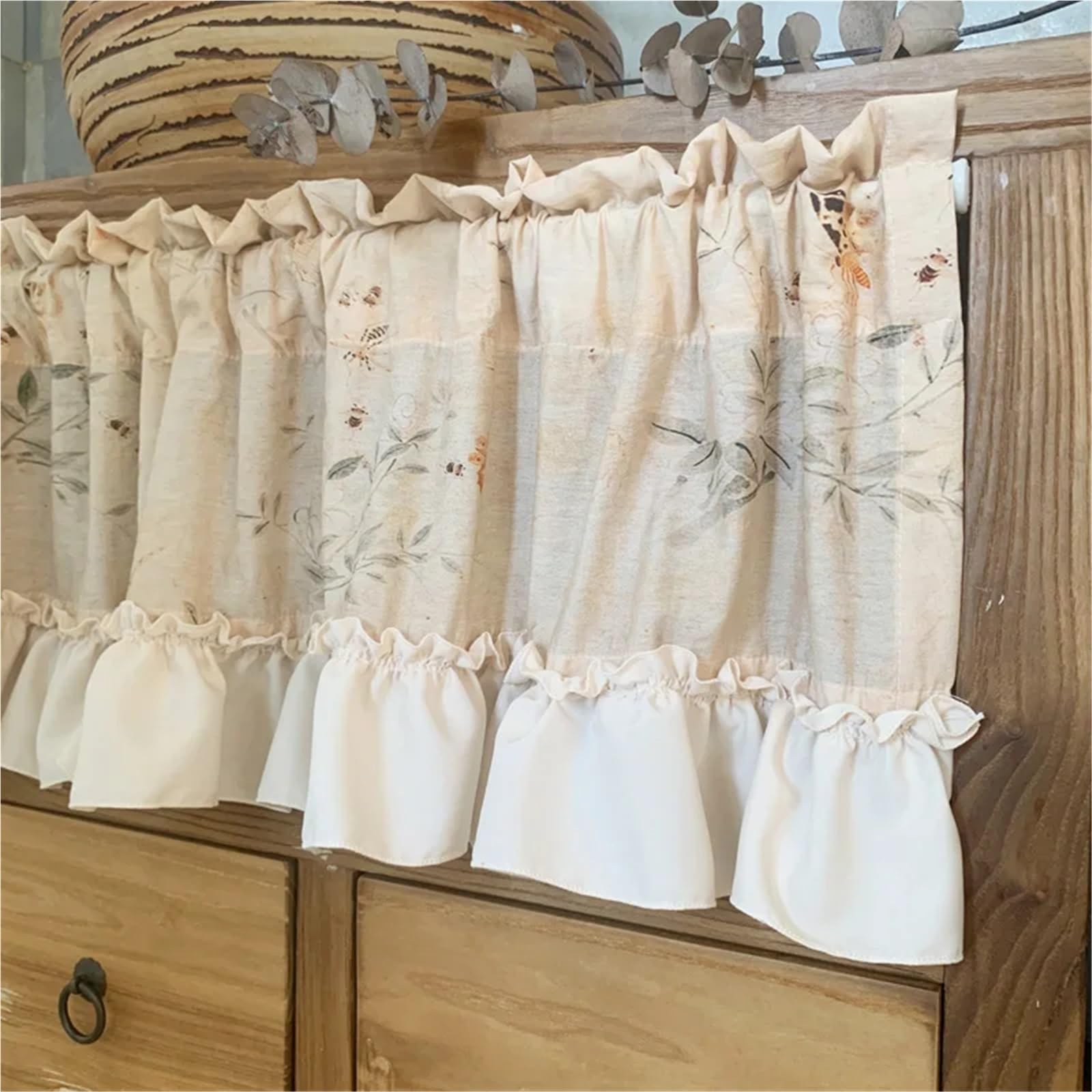 Tende Per Finestre Piccole Tenda a balza con stampa floreale arricciata, stile shabby chic, for finestre piccole, rustico, for cucina, camera da letto(HOOK+LOOP,1Pc W140xH90cm)