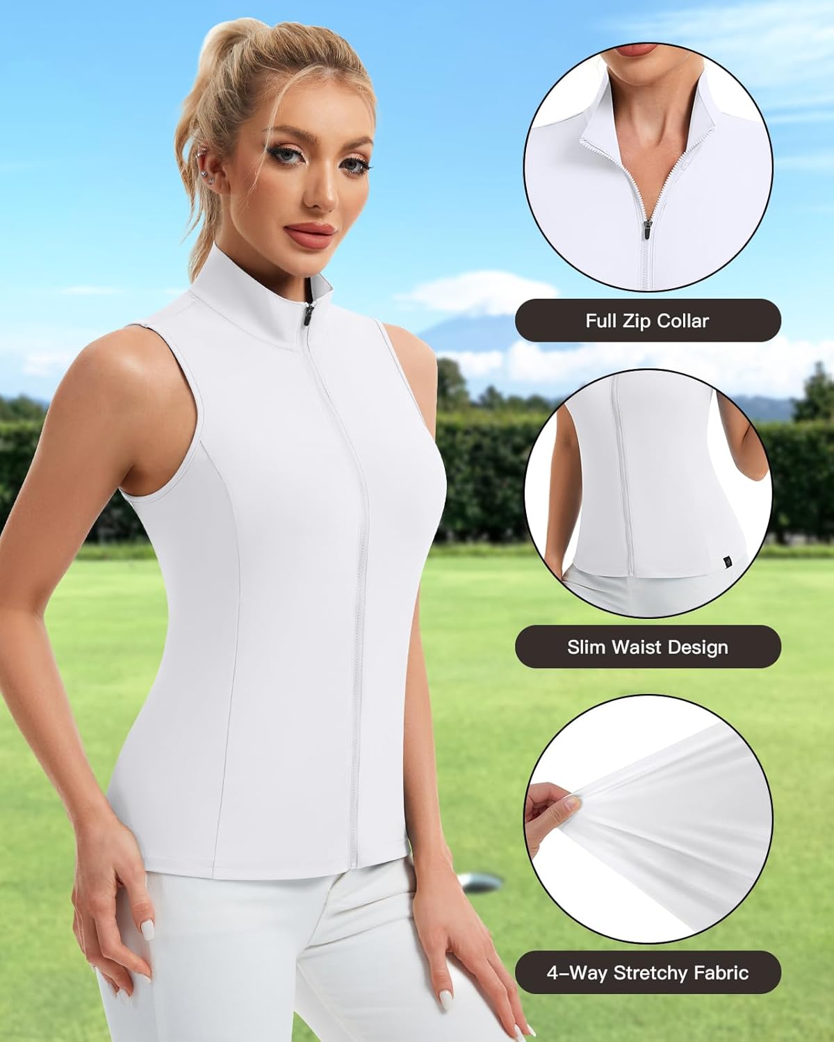 Soneven Womens' Sleeveless Golf Shirts Full Zip Golf Jacket Summer Causal Lightweight Vest for Hiking Workout - Image 2