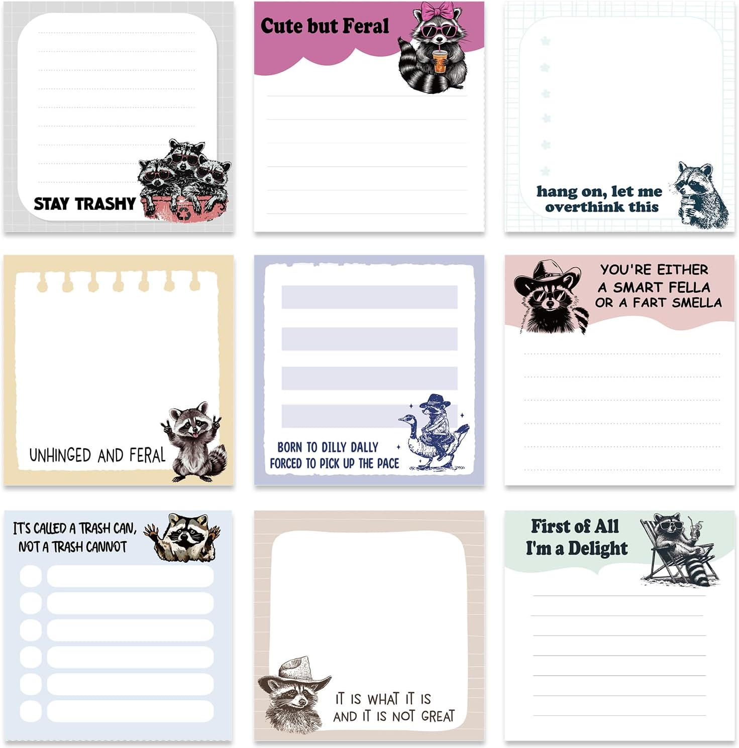 Funny Raccoon Sticky Notes 3x3 Gifts for Women Men 9-Pack
