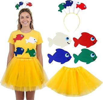 6 Pcs Fish Costume Set for Teacher Book Character Costumes Goldfish Marine Life Headband Tutu and 4 Fish Clothing Felt Patches for Reading Story Cosplay Party Supplies Women Men