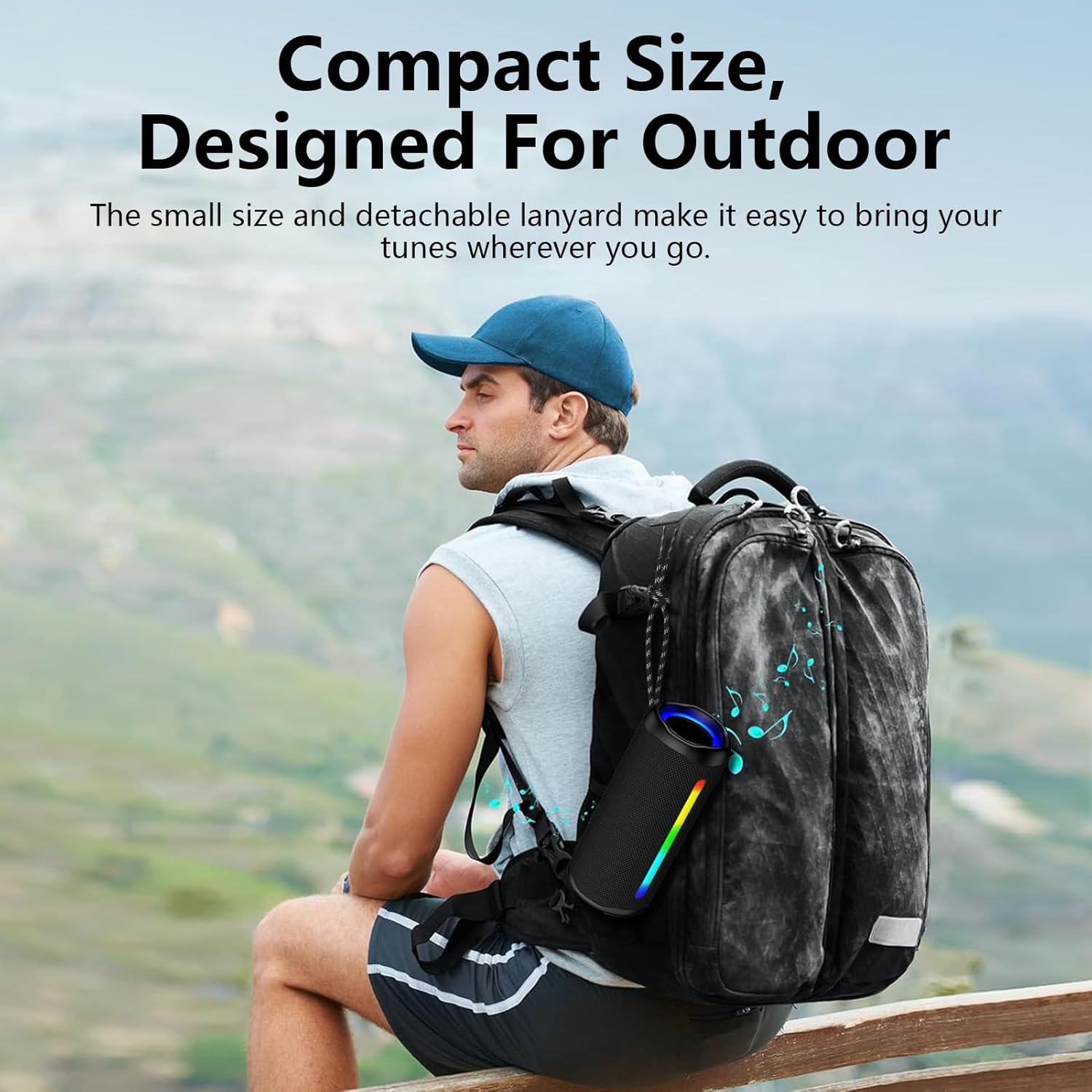 Person wearing a backpack with the Sicodo Bluetooth Speaker attached, demonstrating its portability for outdoor activities.