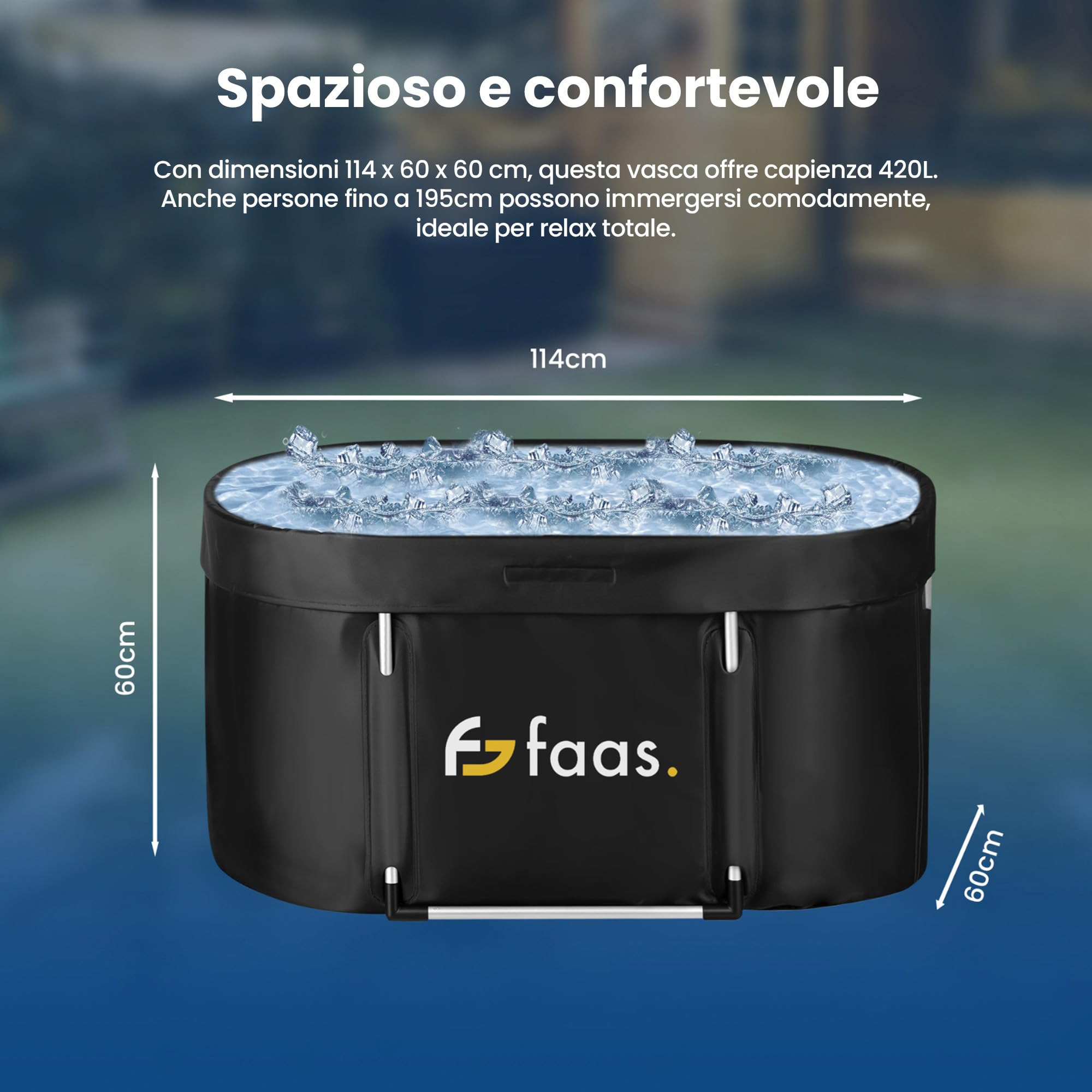 Faas Bagno di Ghiaccio XL 420L – Vasca Pieghevole per Adulti – Con Coperchio, Tubo di Scarico & Accessori – Ice Bath – Portatile, PVC Resistente, Facile da Montare – Nero